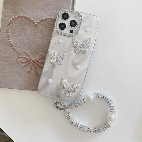 Pearl_RhinestoneButterflyiPhoneCoverwithTassel1 Pearl & Rhinestone Butterfly iPhone Cover with Tassel - Image 1