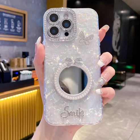 SmileButterlycase1 - Copy Pearl Mirror iPhone Case with Butterfly & Lens Protector - Image 1